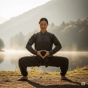 Femme méditant et pratiquant le tao Qi gong