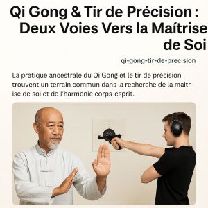 Praticien de Qi Gong en tenue traditionnelle et tireur de précision à 10 mètres visant une cible, illustrant la maîtrise mentale et corporelle partagée par les deux disciplines